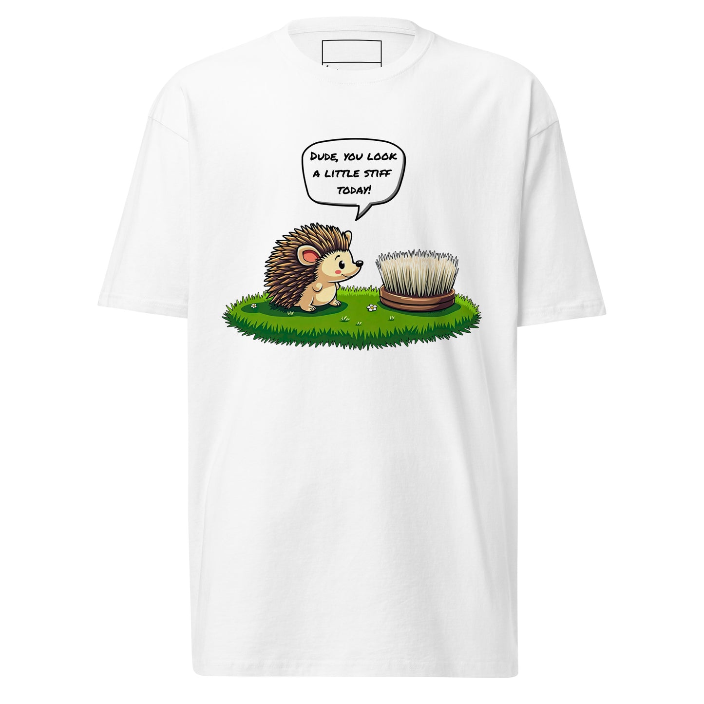 The grabNade Men's Relaxed Heavyweight Tee in premium cotton features a cartoon hedgehog on grass joking, "Dude you look a little stiff today," combining comfort and playful design for a modern look.