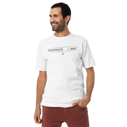 Man in heavyweight white premium t-shirt with text "TOLERANCE: ±.0002" for mechanical engineers.