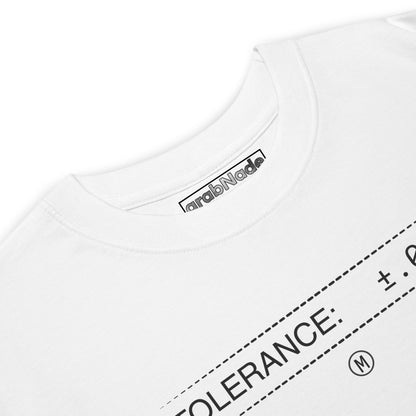 Closeup heavyweight white premium t-shirt with text "TOLERANCE: ±.0002" for mechanical engineers.