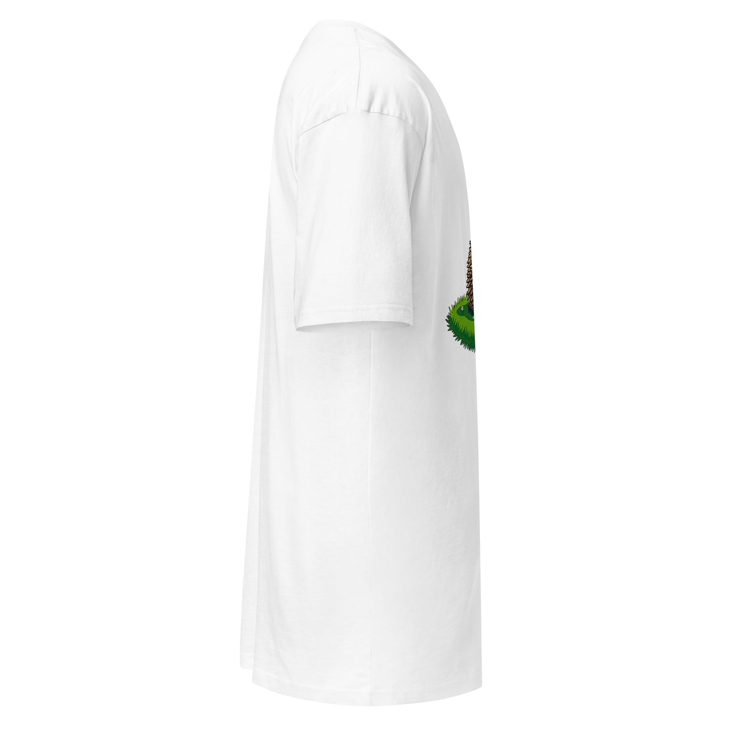 The grabNade Men's Relaxed Heavyweight Tee in premium cotton is shown from the side, revealing part of the colorful "Dude you look a little stiff today" graphic on a plain white shirt with a modern fit, against a white background.