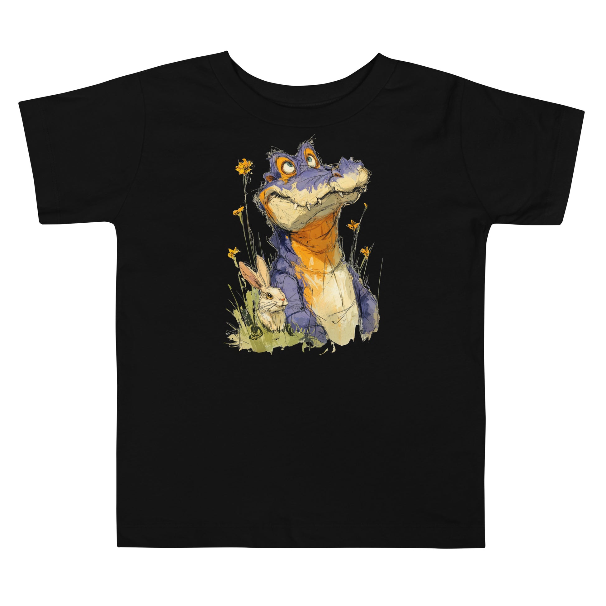 Product mockup. A black toddler t-shirt with a large, playful illustration on the front showing a purple and orange cartoon dinosaur among yellow wildflowers, with a small rabbit sitting in the grass next to it.