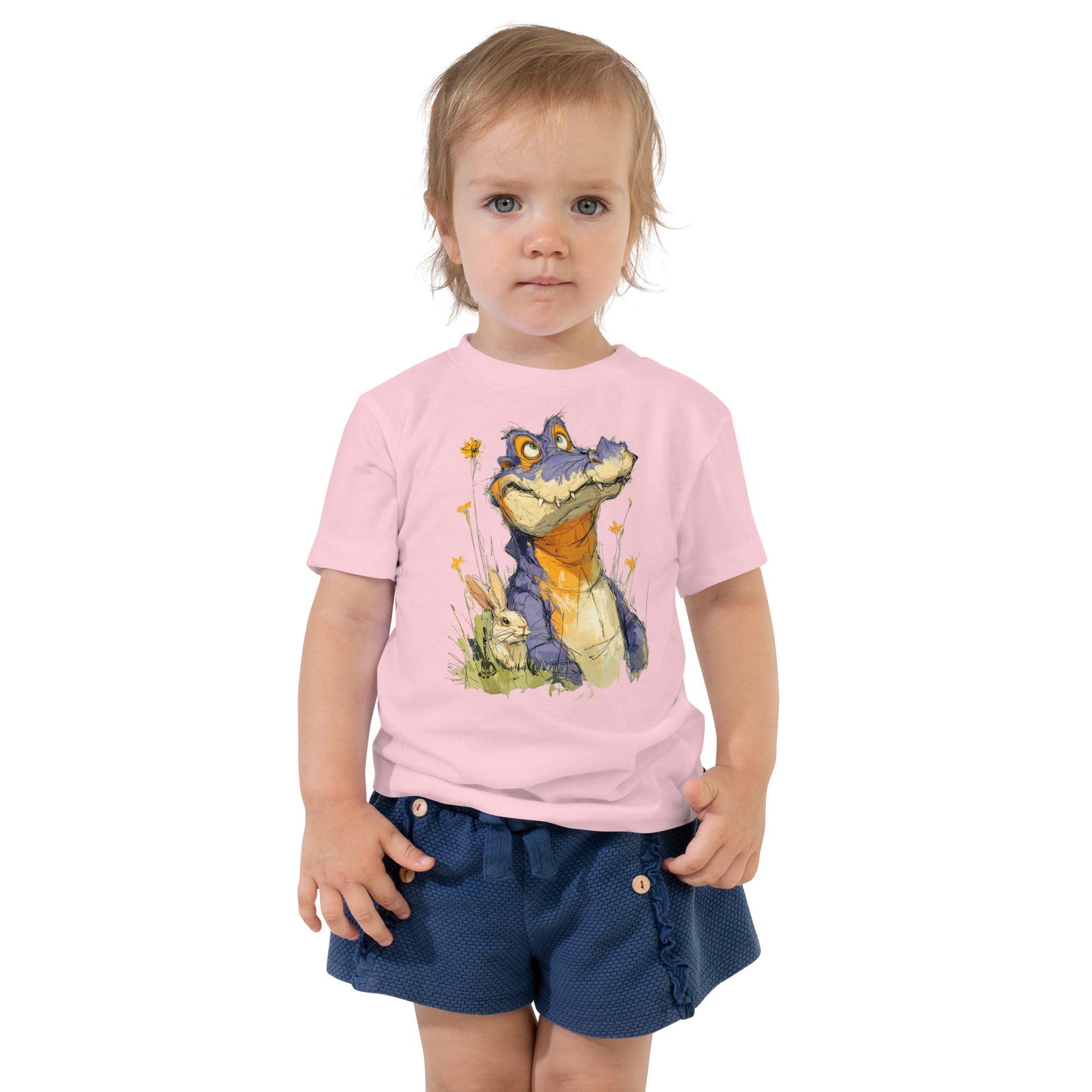 Product mockup. A toddler wearing navy blue textured shorts and a light pink t-shirt featuring a whimsical illustration of a purple and orange cartoon dinosaur among yellow wildflowers, with a small rabbit sitting in the grass beside it.