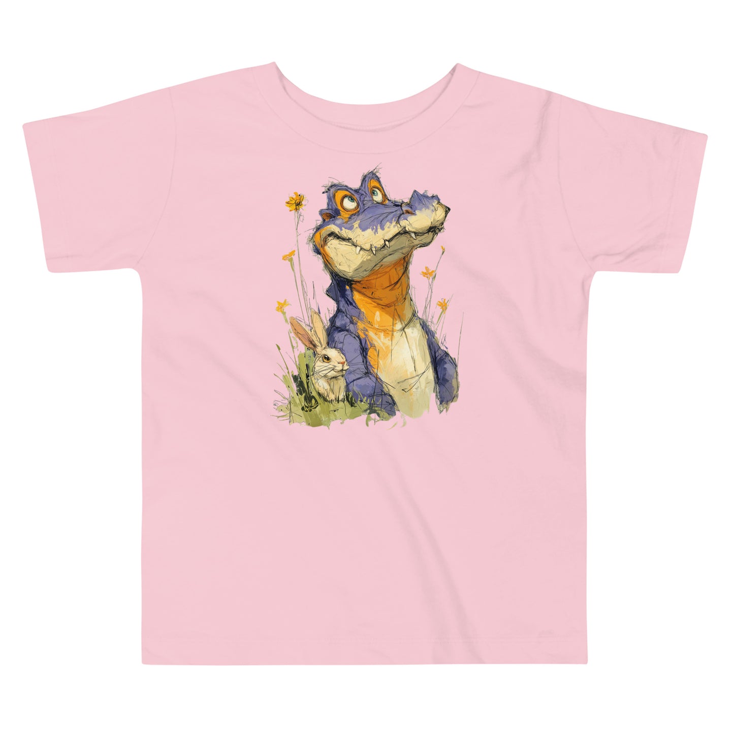Product mockup. A light pink toddler t-shirt with a large, playful illustration on the front showing a purple and orange cartoon dinosaur among yellow wildflowers, with a small rabbit sitting in the grass next to it.