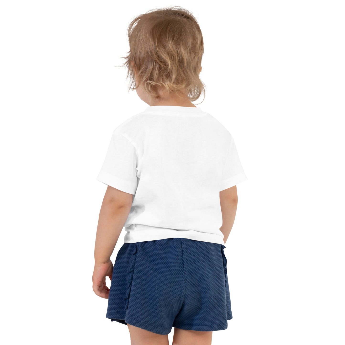Product mockup. Toddler shown from behind, wearing a plain white t-shirt and blue shorts.
