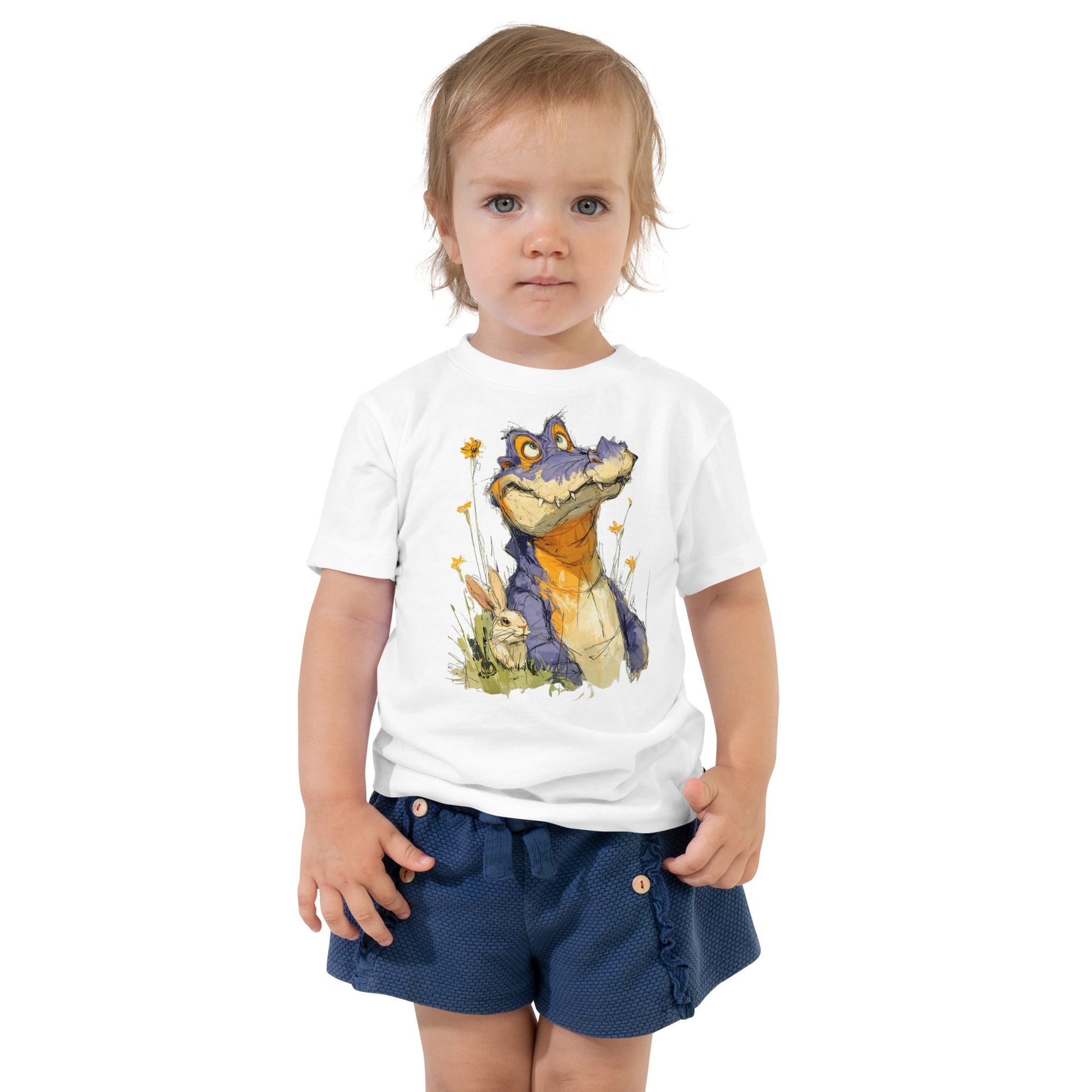 Product mockup. A toddler wearing navy blue textured shorts and a white t-shirt featuring a whimsical illustration of a purple and orange cartoon dinosaur among yellow wildflowers, with a small rabbit sitting in the grass beside it.