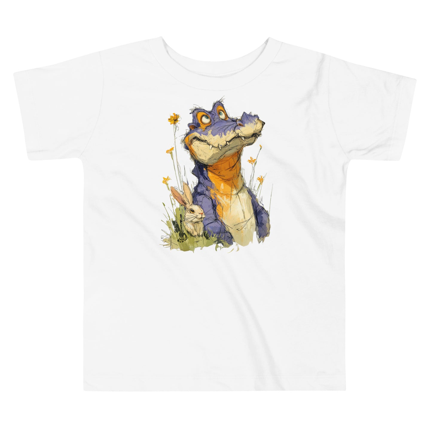 Product mockup. A white toddler t-shirt with a large, playful illustration on the front showing a purple and orange cartoon dinosaur among yellow wildflowers, with a small rabbit sitting in the grass next to it.