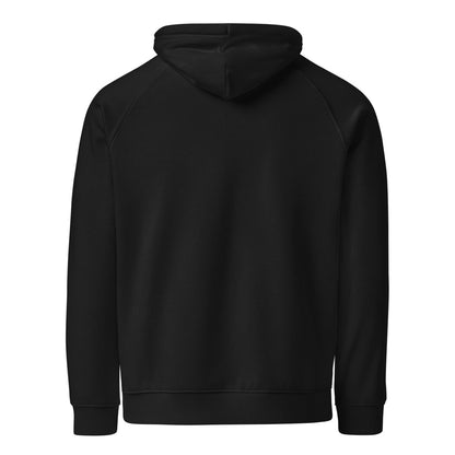 Back view of plain black organic fleece hoodie for enginners and women in STEM.