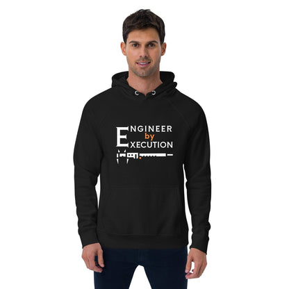 Man in black organic fleece hoodie “Engineer by Execution” with a caliper.