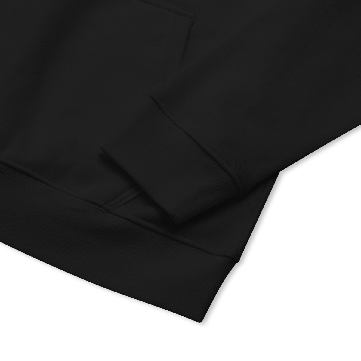 Sleeve close up of black organic fleece hoodie for technicians and engineers solving issues.