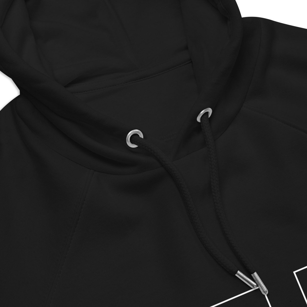 Close up on hood of black organic fleece hoodie for technicians and engineers solving issues.