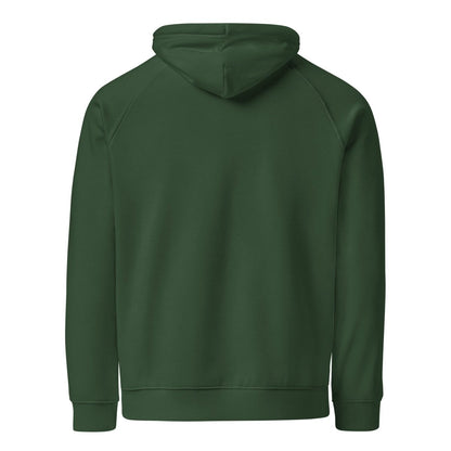 Back view of plain green organic fleece hoodie for enginners and women in STEM.