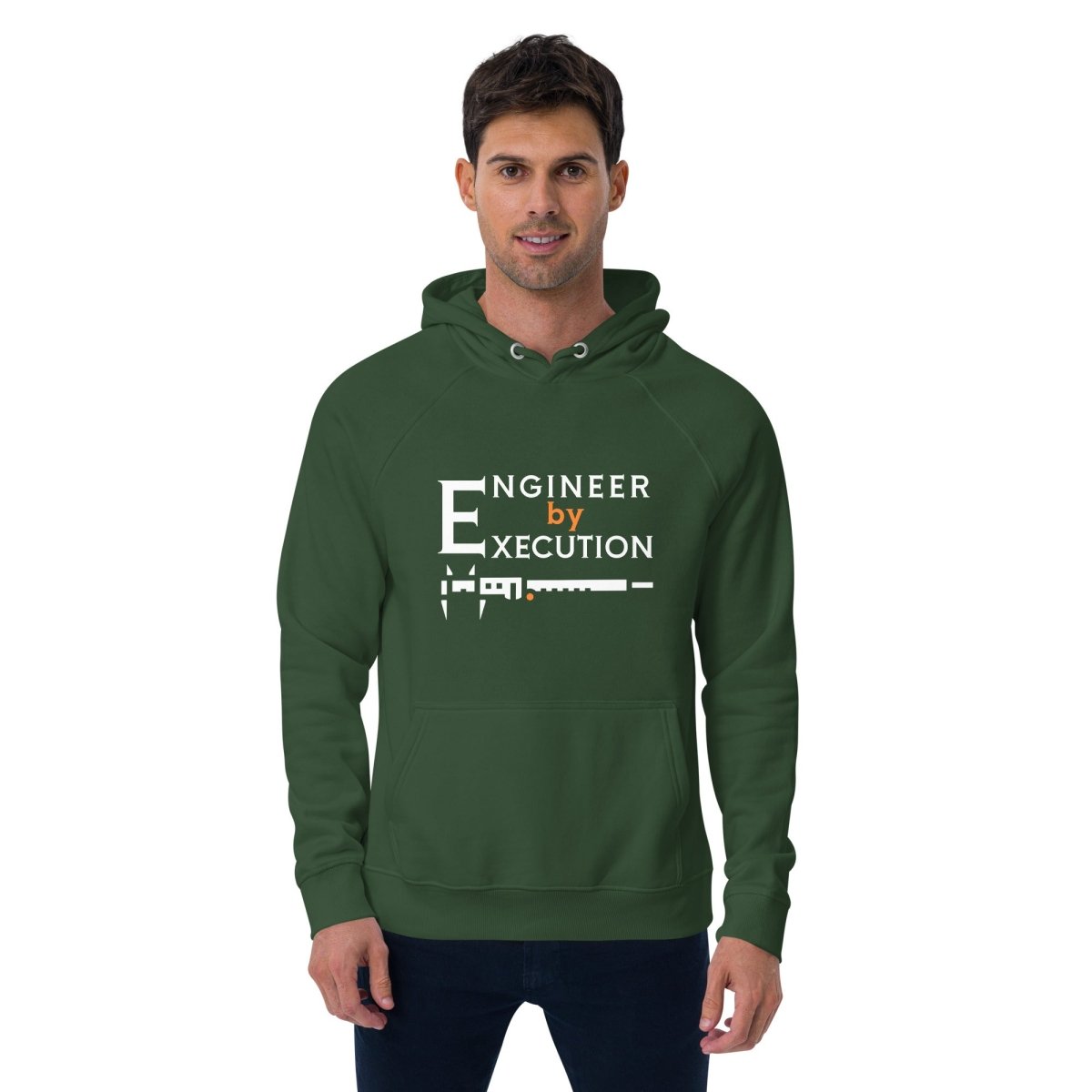 Man in green organic fleece hoodie “Engineer by Execution” with a caliper.