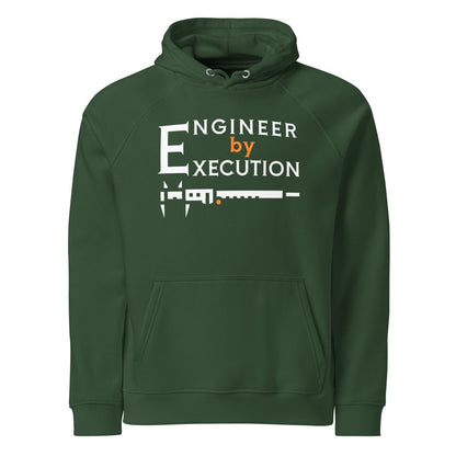 Green organic fleece hoodie “Engineer by Execution” with a caliper.