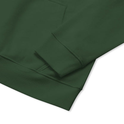 Sleeve close up of green organic fleece hoodie for technicians and engineers solving issues.