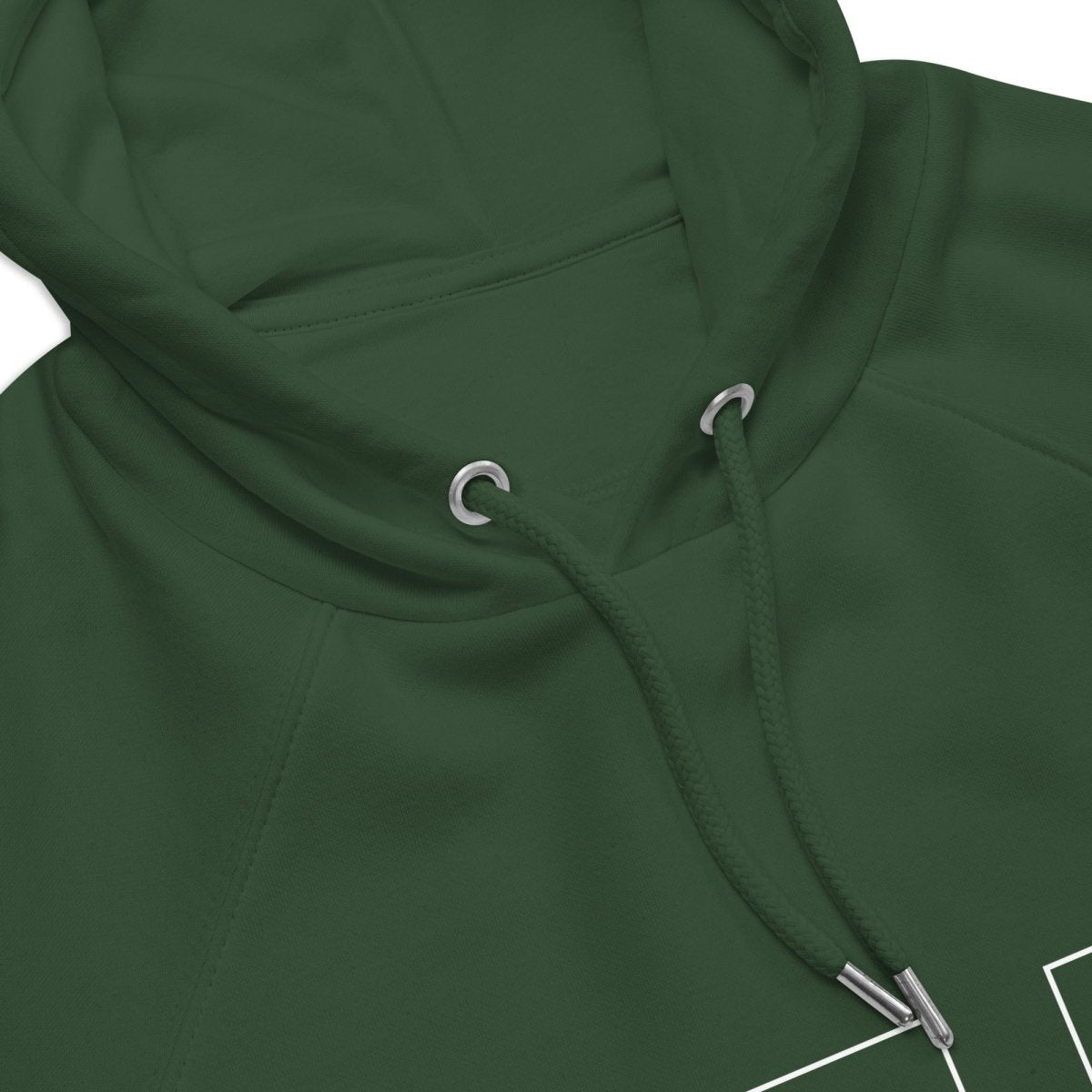 Close up on hood of green organic fleece hoodie for technicians and engineers solving issues.