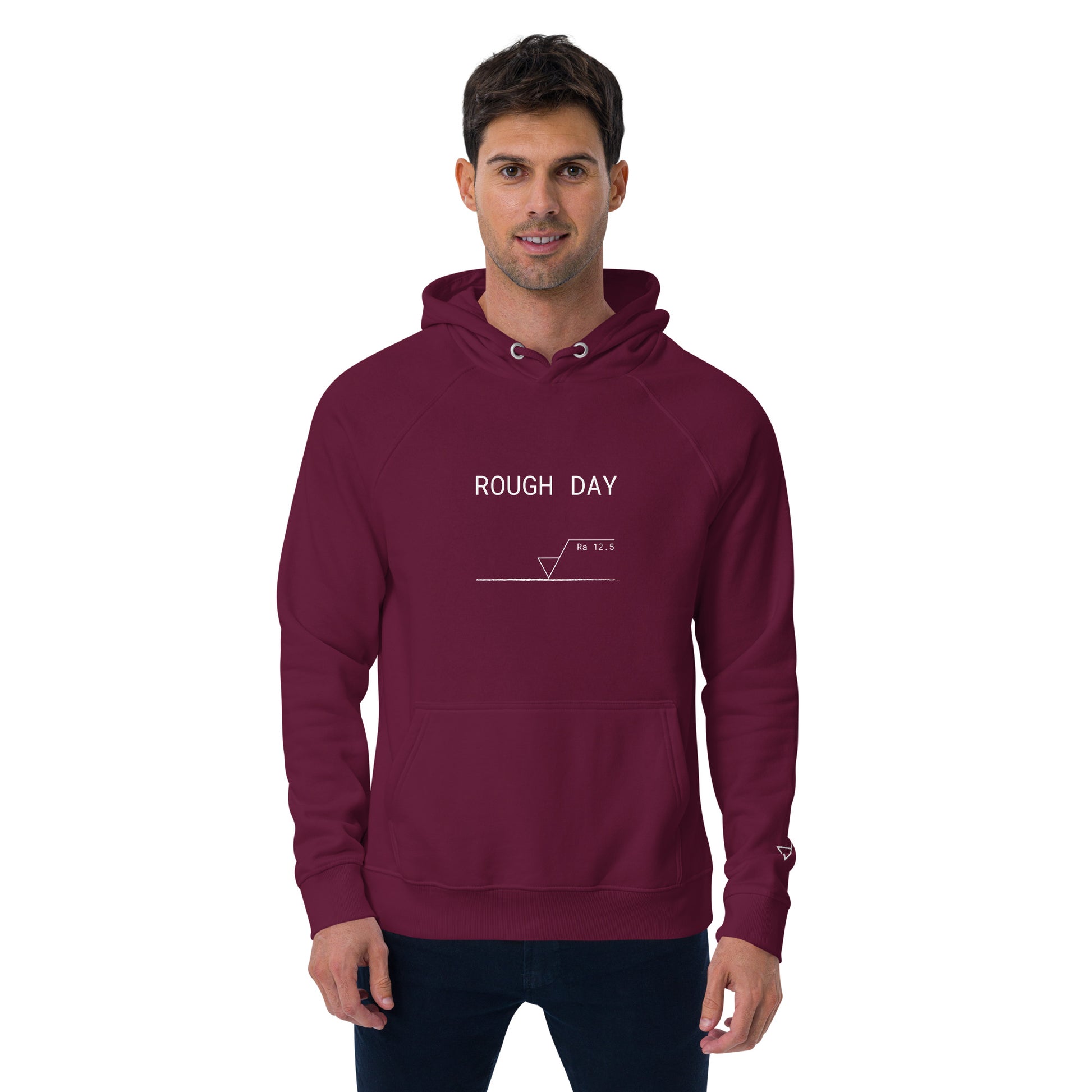 Man in red GOTS organic premium hoodie with white roughness symbol and "ROUGH DAY (Ra 12.5)" text.