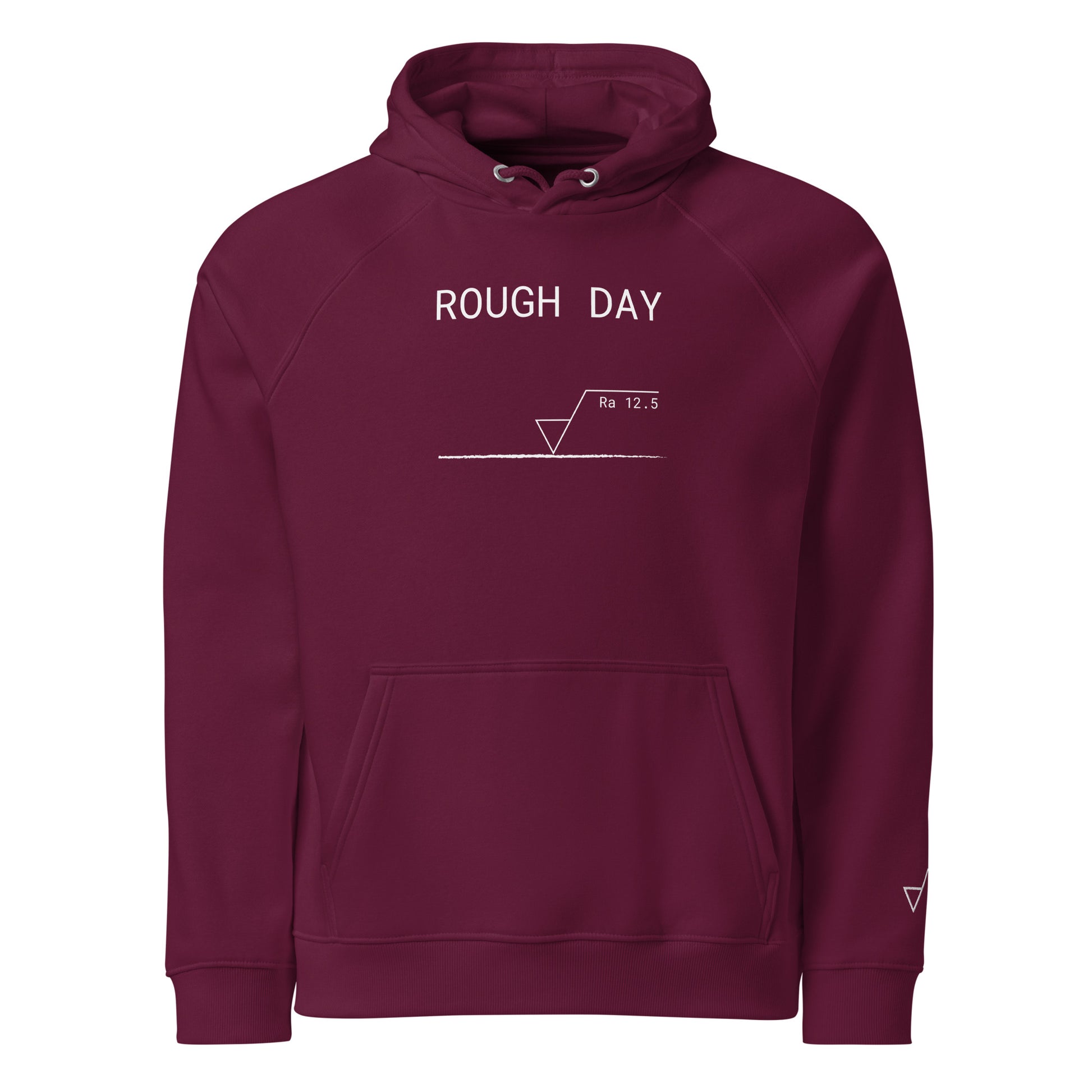 Red GOTS organic premium hoodie with white roughness symbol and "ROUGH DAY (Ra 12.5)" text.