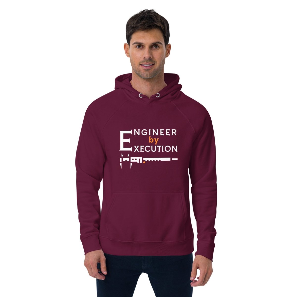 Man in red organic fleece hoodie “Engineer by Execution” with a caliper.