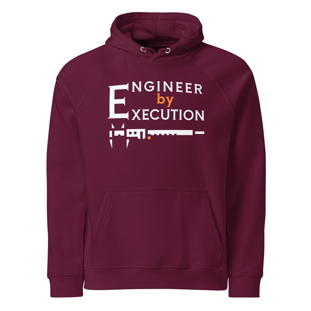 Red organic fleece hoodie “Engineer by Execution” with a caliper.