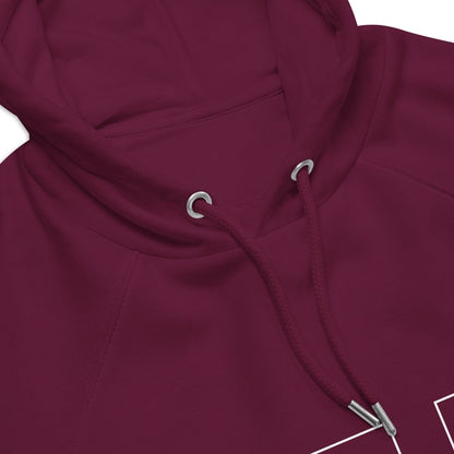 Close up on hood of red organic fleece hoodie for technicians and engineers solving issues.