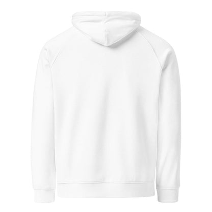Back of plain white organic fleece hoodie for technicians and engineers solving issues.