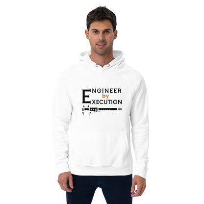 Man in white organic fleece hoodie “Engineer by Execution” with a caliper.