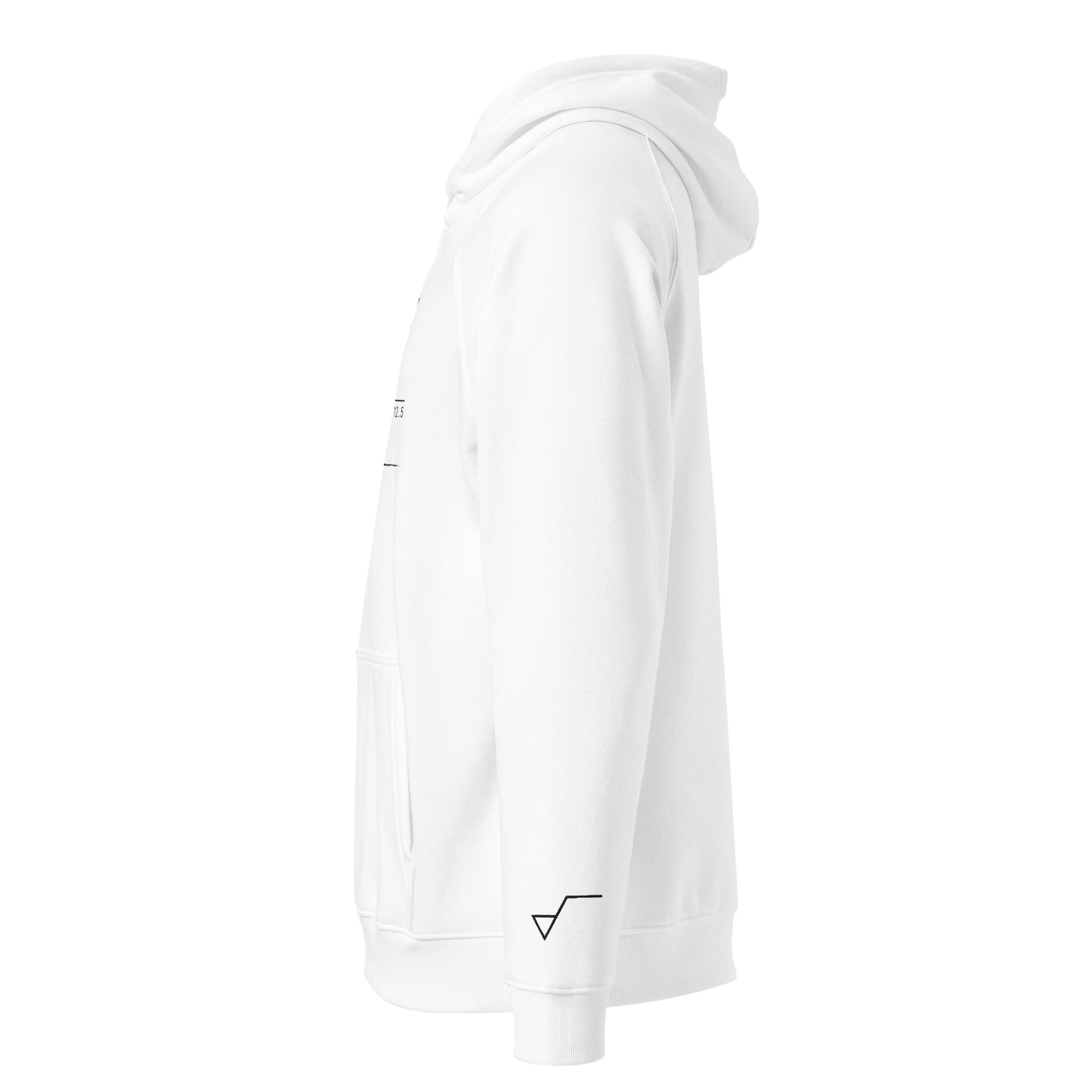 Left side view of white hoodie with white embroided roughness symbol.