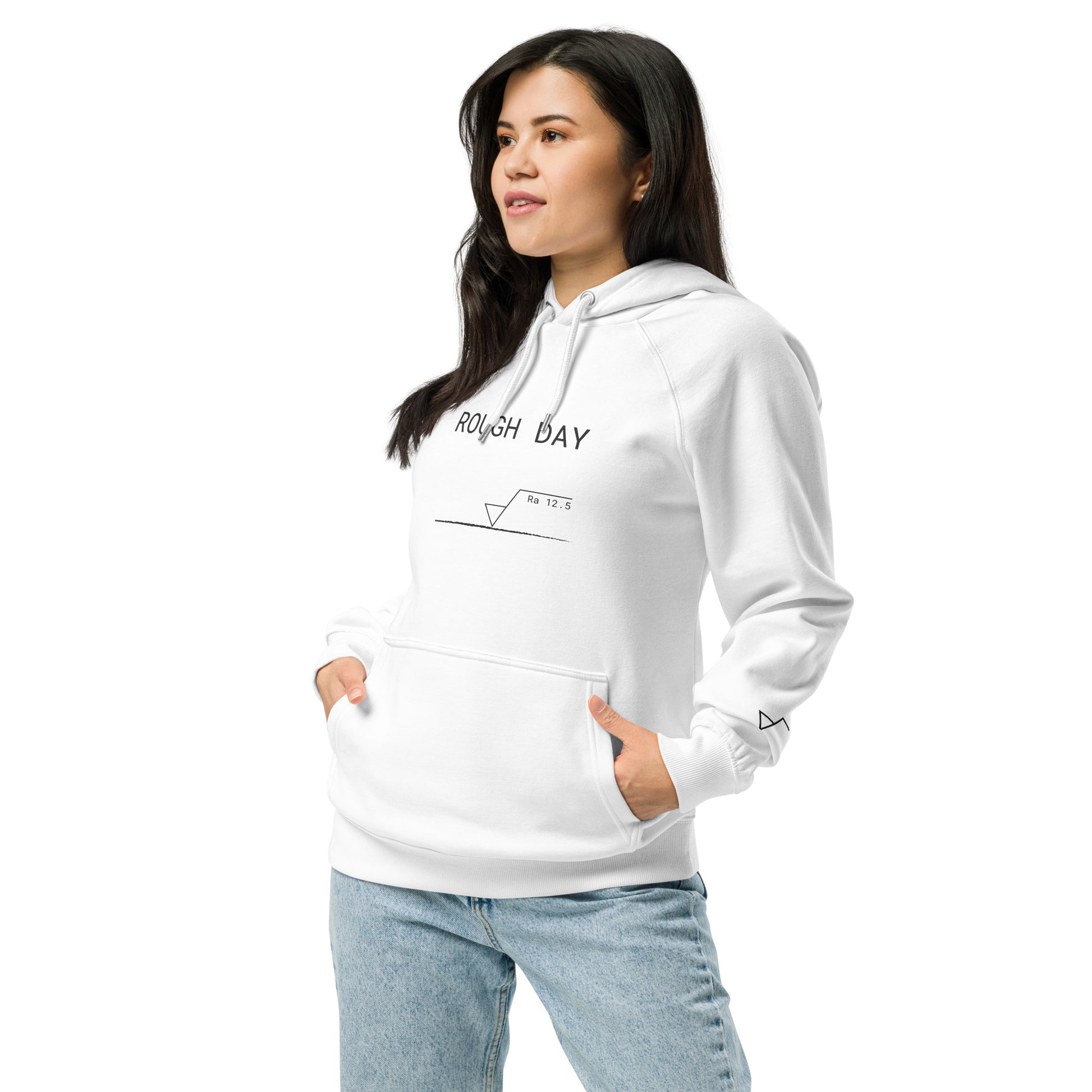 Woman in white GOTS organic premium hoodie with white roughness symbol and "ROUGH DAY (Ra 12.5)" text.