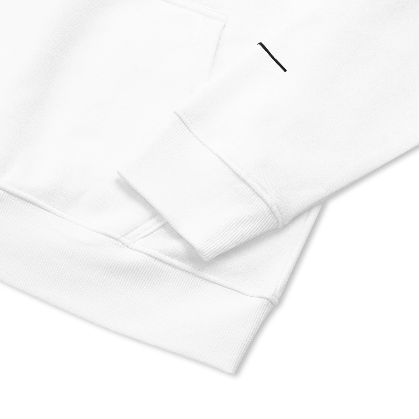 Folded Left side view of white hoodie with partial white embroided roughness symbol.