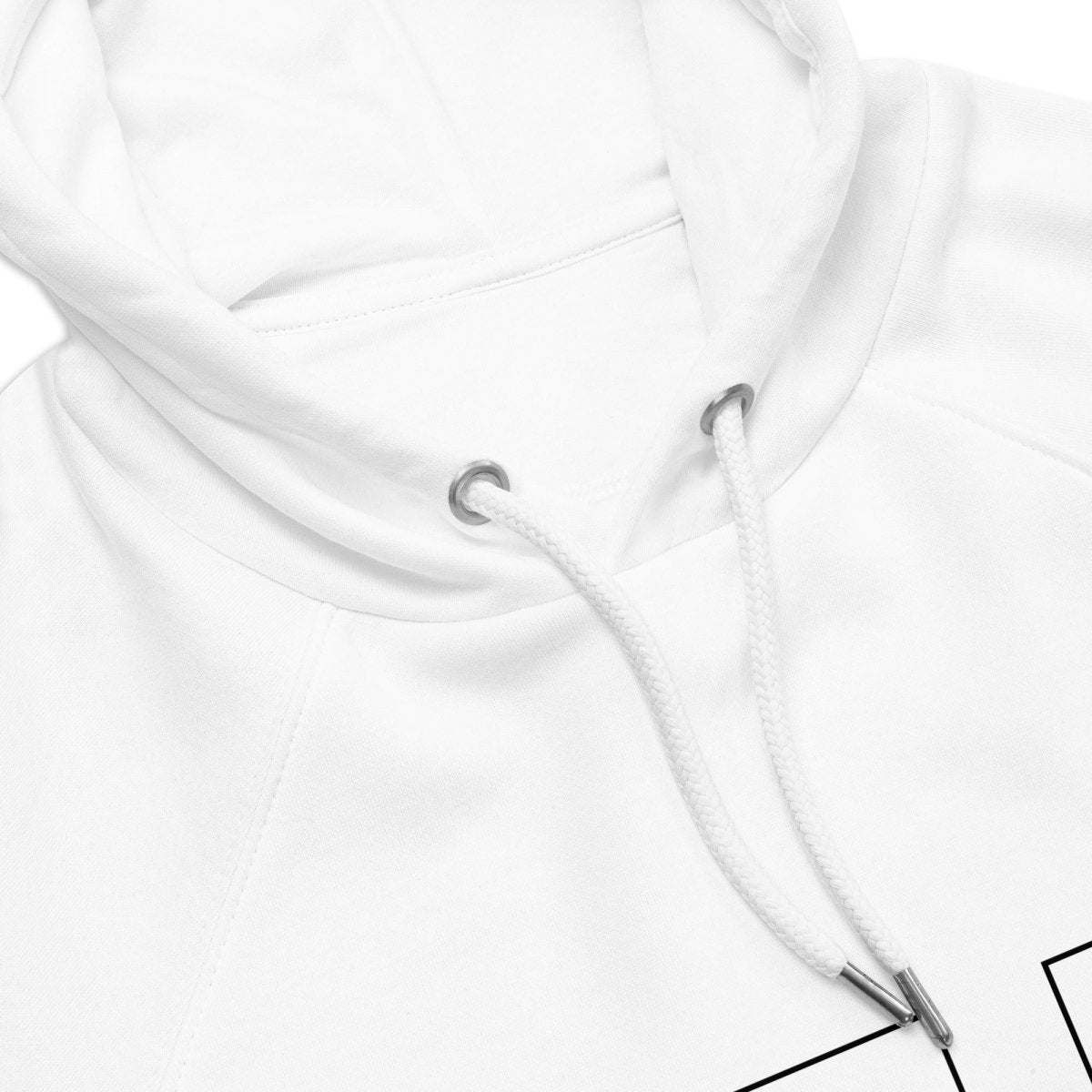 Close up on hood of white organic fleece hoodie for technicians and engineers solving issues.