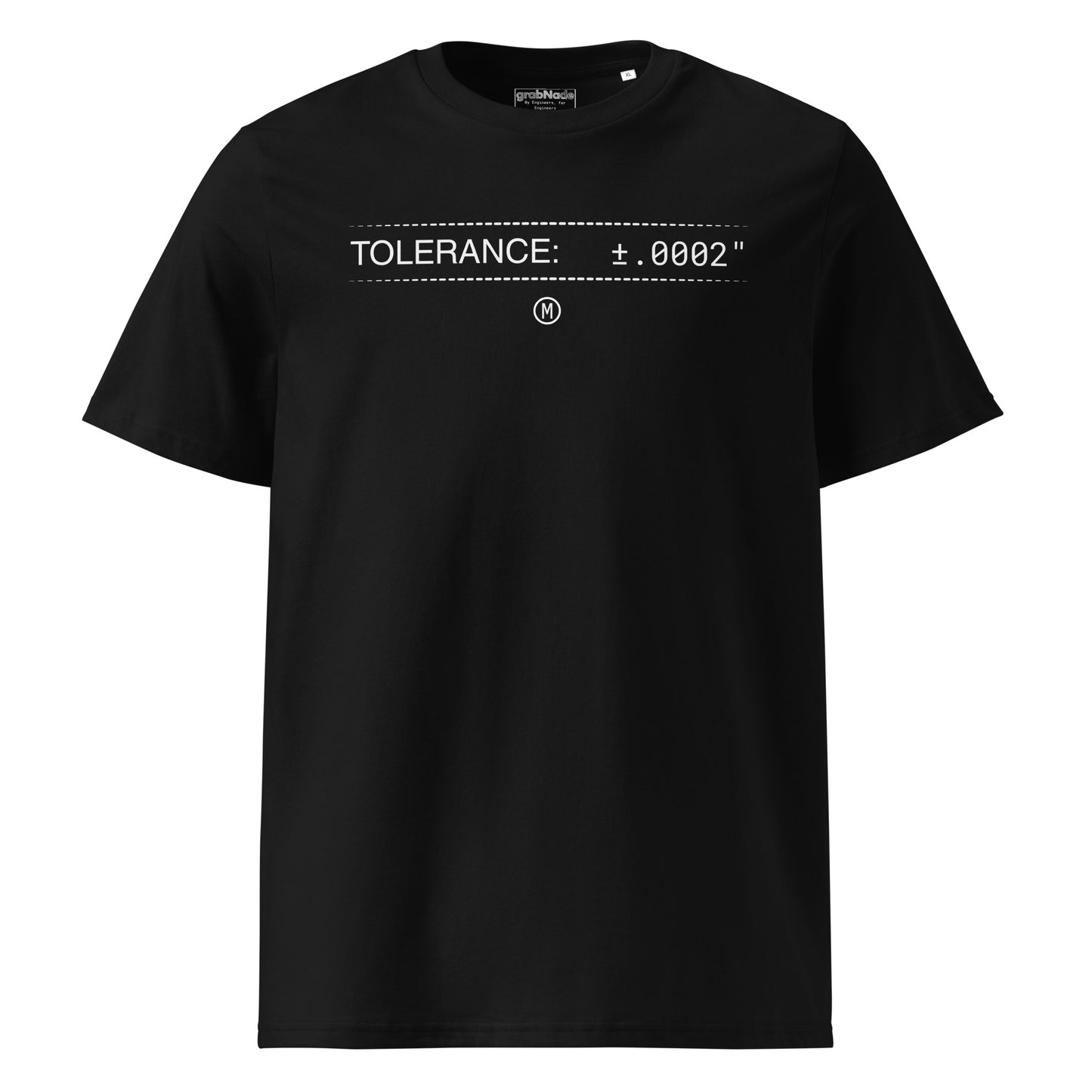 Black premium GOTS t-shirt with white text "TOLERANCE: ±.0002" and GD&T symbol for mechanical engineers.