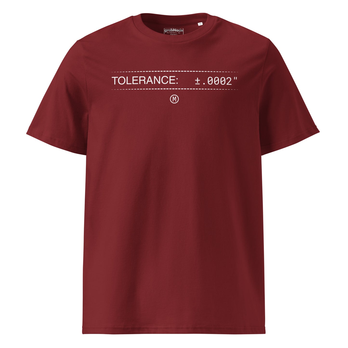 Red premium GOTS t-shirt with white text "TOLERANCE: ±.0002" and GD&T symbol for mechanical engineers.