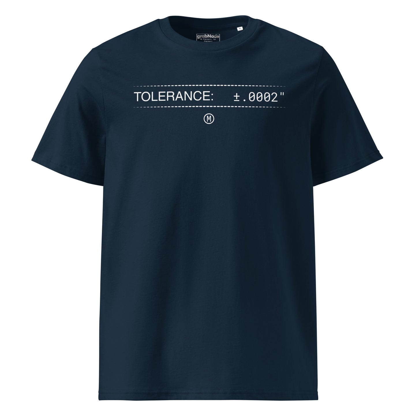 Navy premium GOTS t-shirt with white text "TOLERANCE: ±.0002" and GD&T symbol for mechanical engineers.