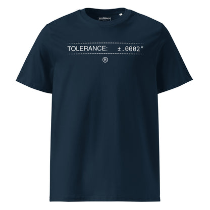 Navy premium GOTS t-shirt with white text "TOLERANCE: ±.0002" and GD&T symbol for mechanical engineers.