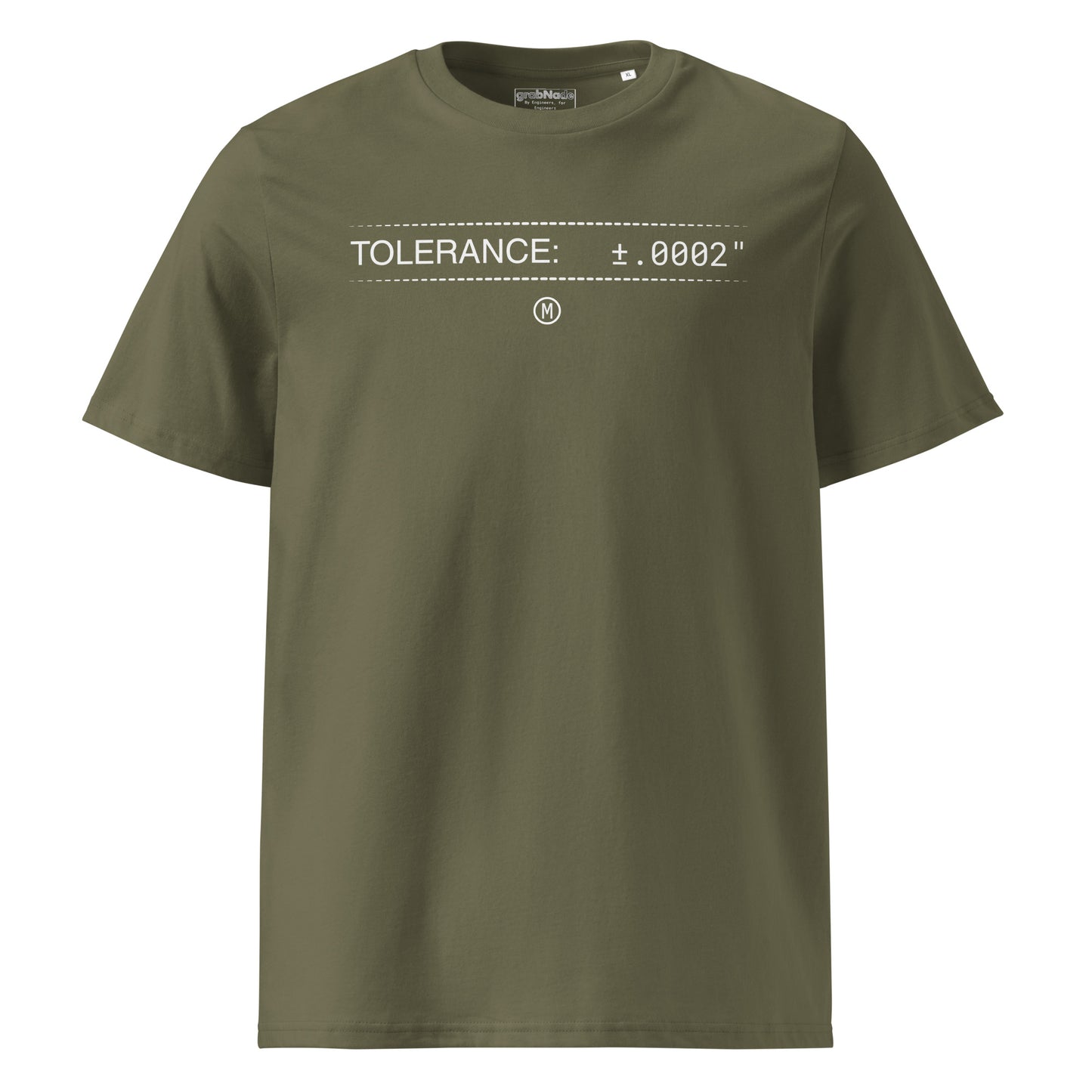 Green premium GOTS t-shirt with white text "TOLERANCE: ±.0002" and GD&T symbol for mechanical engineers.
