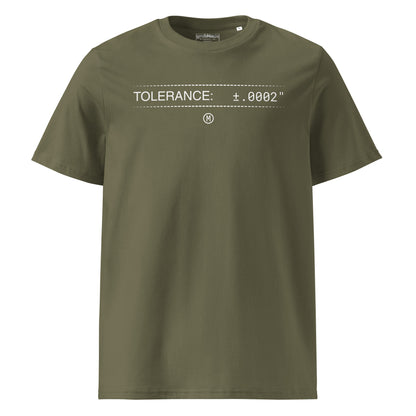 Green premium GOTS t-shirt with white text "TOLERANCE: ±.0002" and GD&T symbol for mechanical engineers.