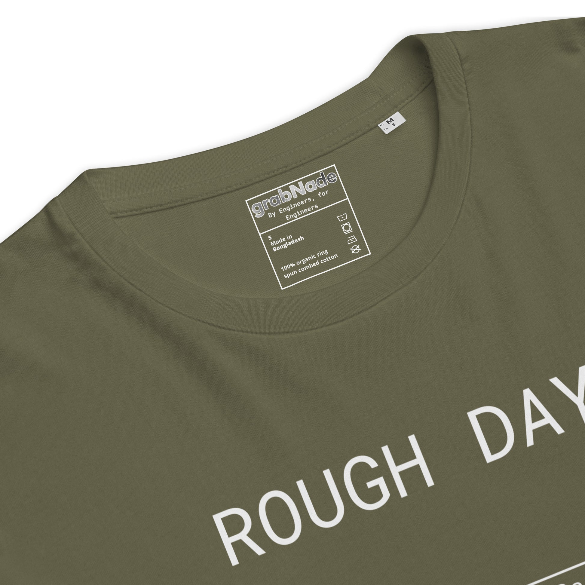 Closeup of green GOTS organic tee with white roughness symbol and "ROUGH DAY (Ra 12.5)" text.