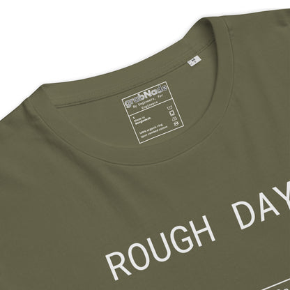 Closeup of green GOTS organic tee with white roughness symbol and "ROUGH DAY (Ra 12.5)" text.