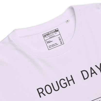 Closeup of lavender GOTS organic tee with roughness symbol and "ROUGH DAY (Ra 12.5)" text.