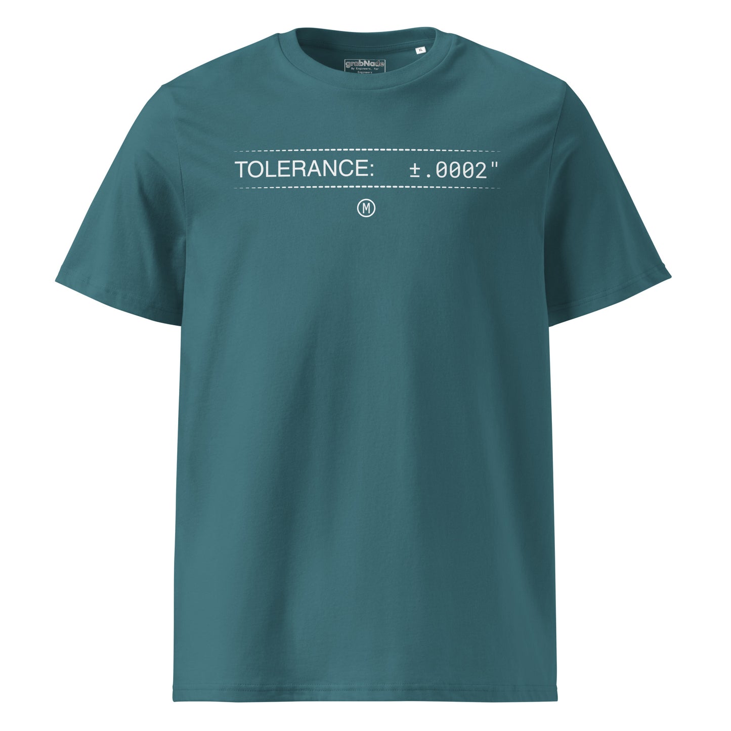 Blue premium GOTS t-shirt with white text "TOLERANCE: ±.0002" and GD&T symbol for mechanical engineers.