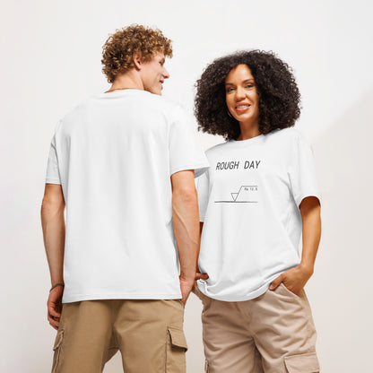 Man seen from behind and woman facing forward wearing white GOTS organic tee with roughness symbol and "ROUGH DAY (Ra 12.5)" text.