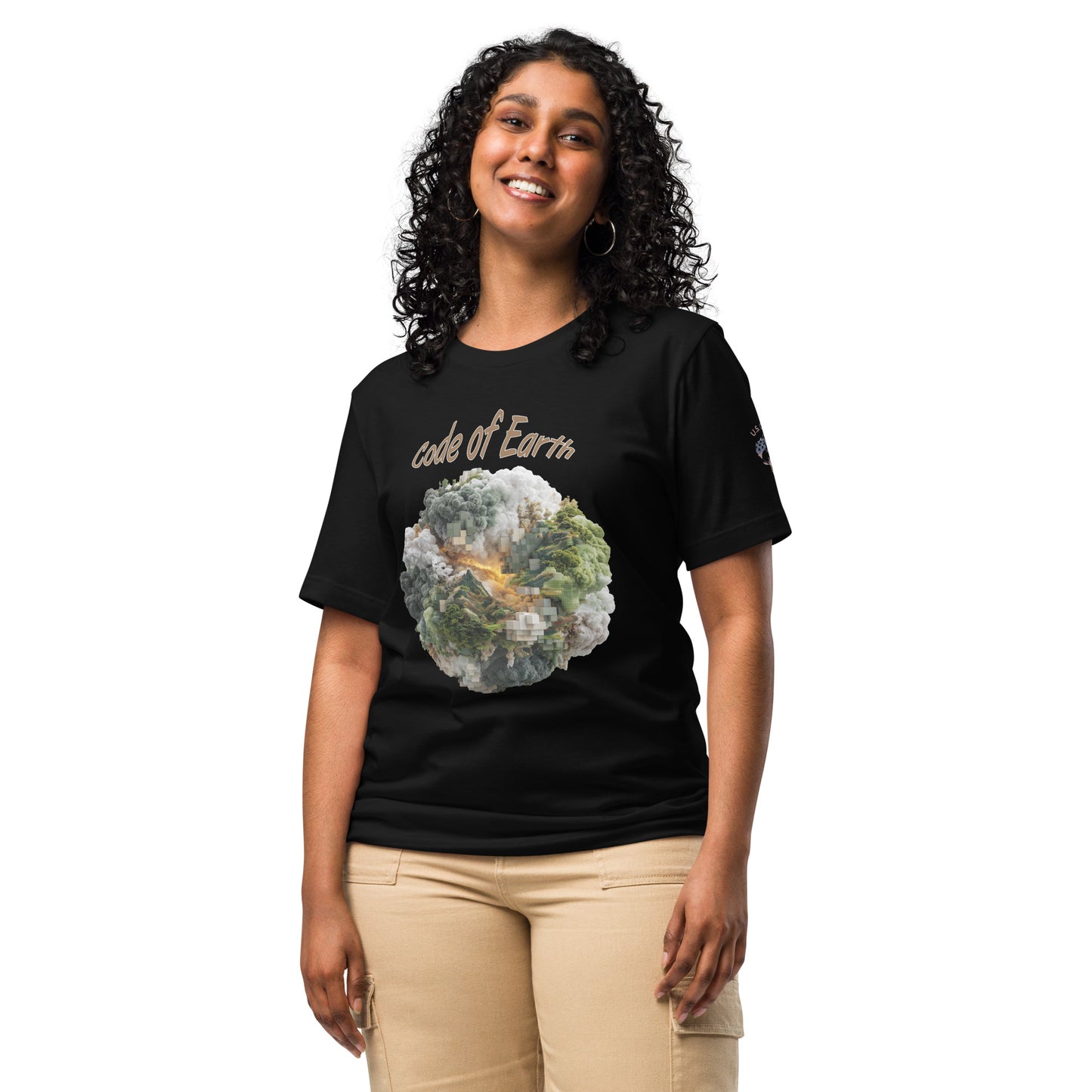 Product mockup. A woman stands wearing a black t-shirt with the phrase "code of Earth" above a graphic of a pixelated cloud and forest sphere.