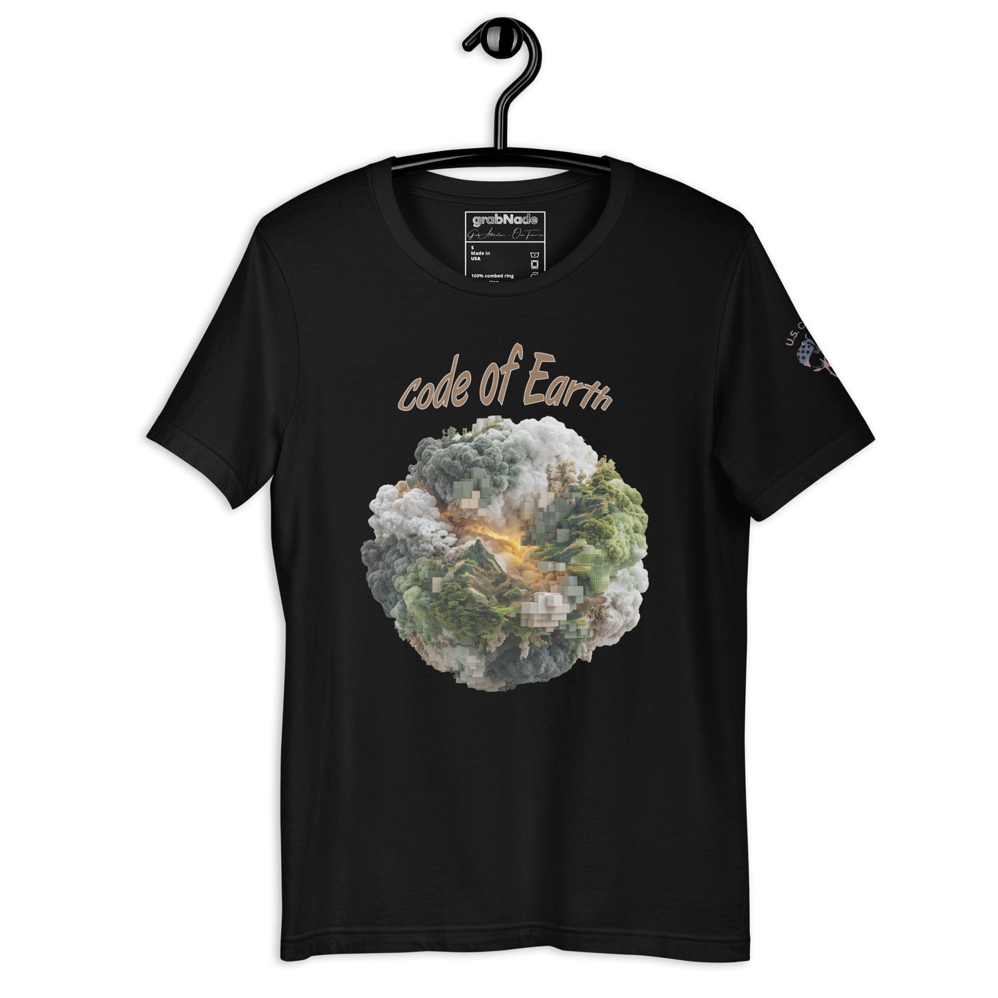 Product mockup. Black t-shirt on a hanger with the front design reading "code of Earth" and a detailed, pixelated planet image with greenery and clouds.