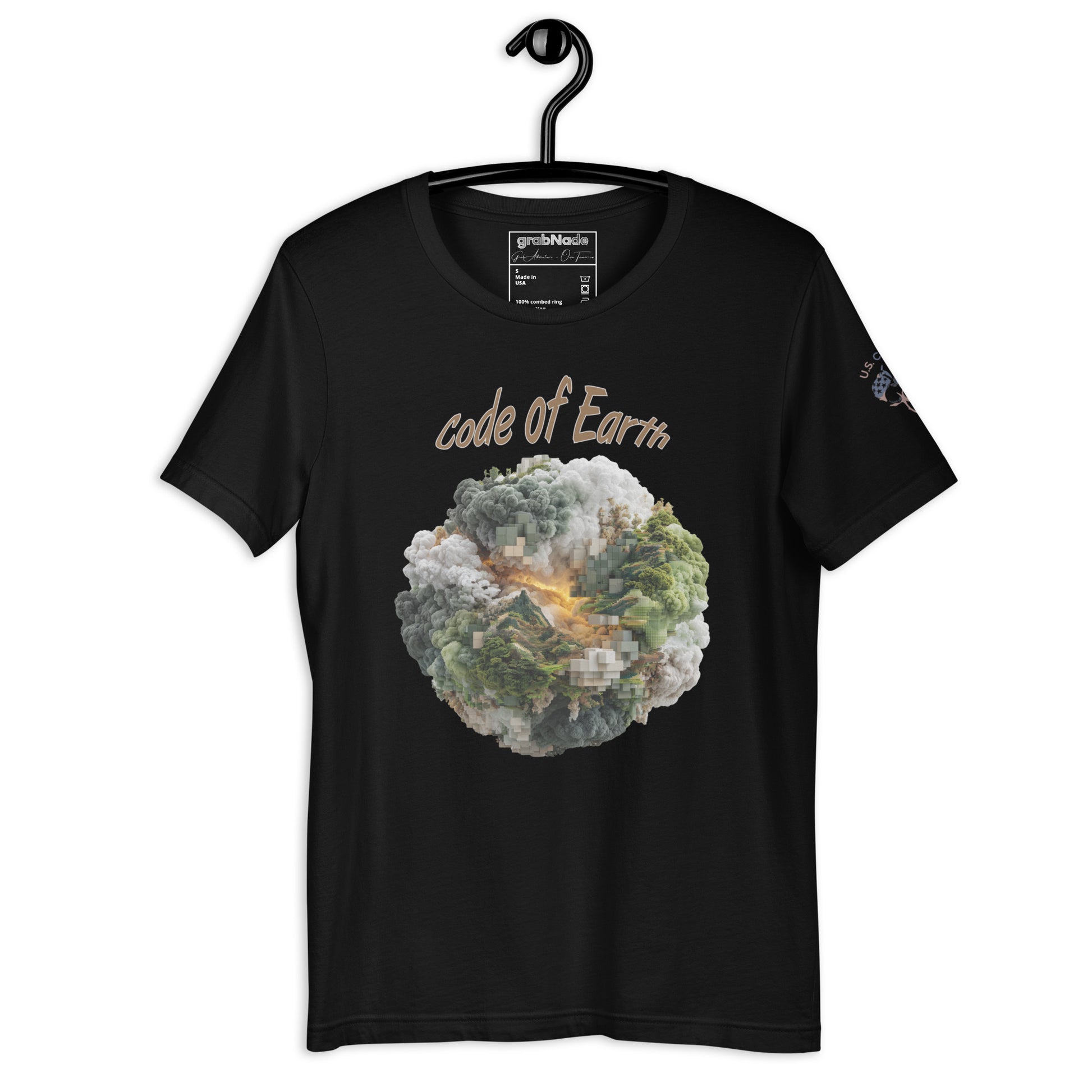 Product mockup. Black t-shirt on a hanger with the front design reading "code of Earth" and a detailed, pixelated planet image with greenery and clouds.