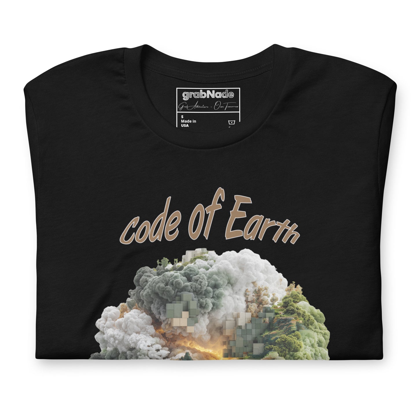 Product mockup. Black t-shirt folded, displaying the front design with "code of Earth" text and a stylized pixelated globe featuring trees and clouds.