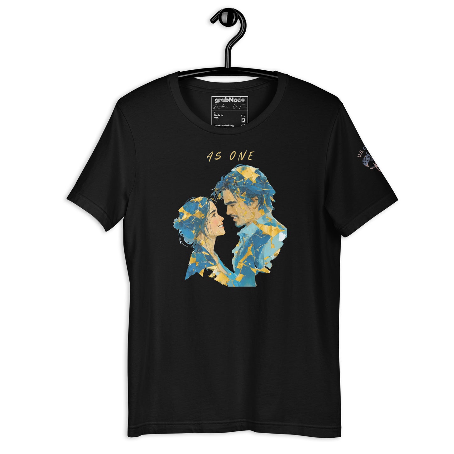 Product mockup. Black t-shirt on a hanger with an abstract blue and yellow graphic silhouette of two people and the phrase "AS ONE" above.