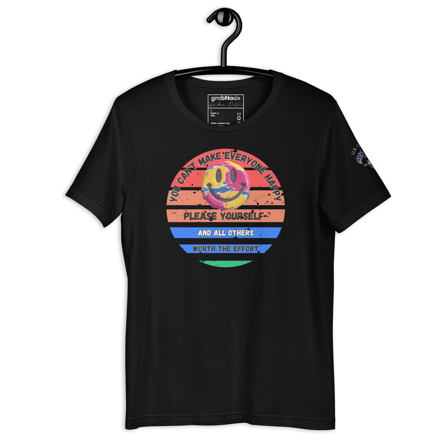 Product mockup. Black t-shirt on a hanger featuring a rainbow-striped circle, a cheerful smiley face, and encouragement to please yourself and others worth the effort.