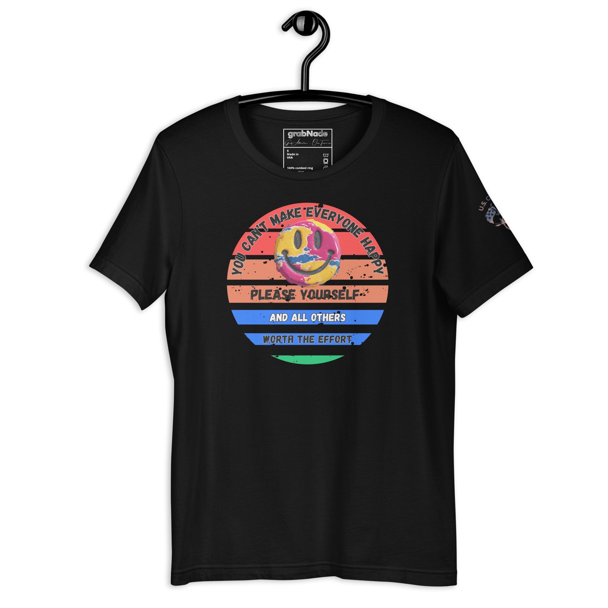 Product mockup. Black t-shirt on a hanger featuring a rainbow-striped circle, a cheerful smiley face, and encouragement to please yourself and others worth the effort.