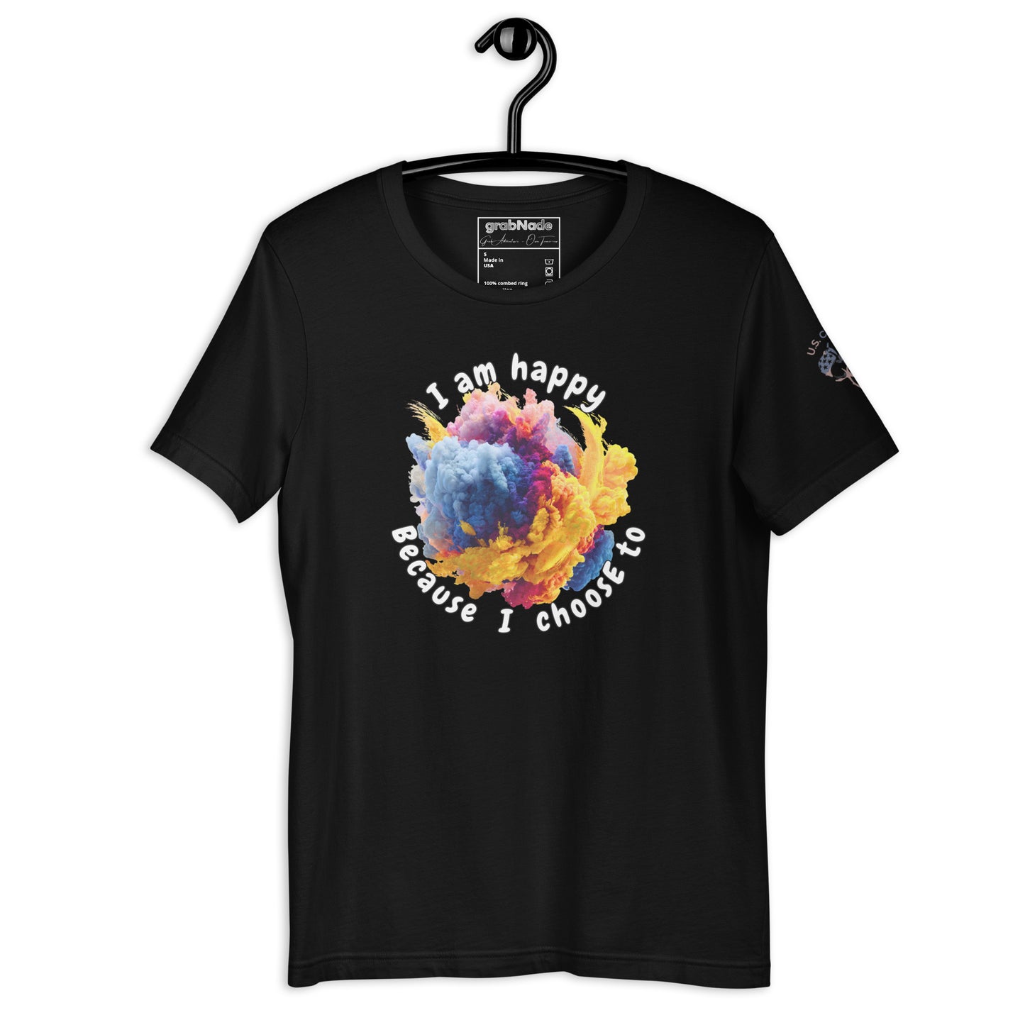Product mockup. Black t-shirt on a hanger featuring the phrase "I am happy because I choose to" encircling a vibrant cloud of pink, blue, and yellow colors.