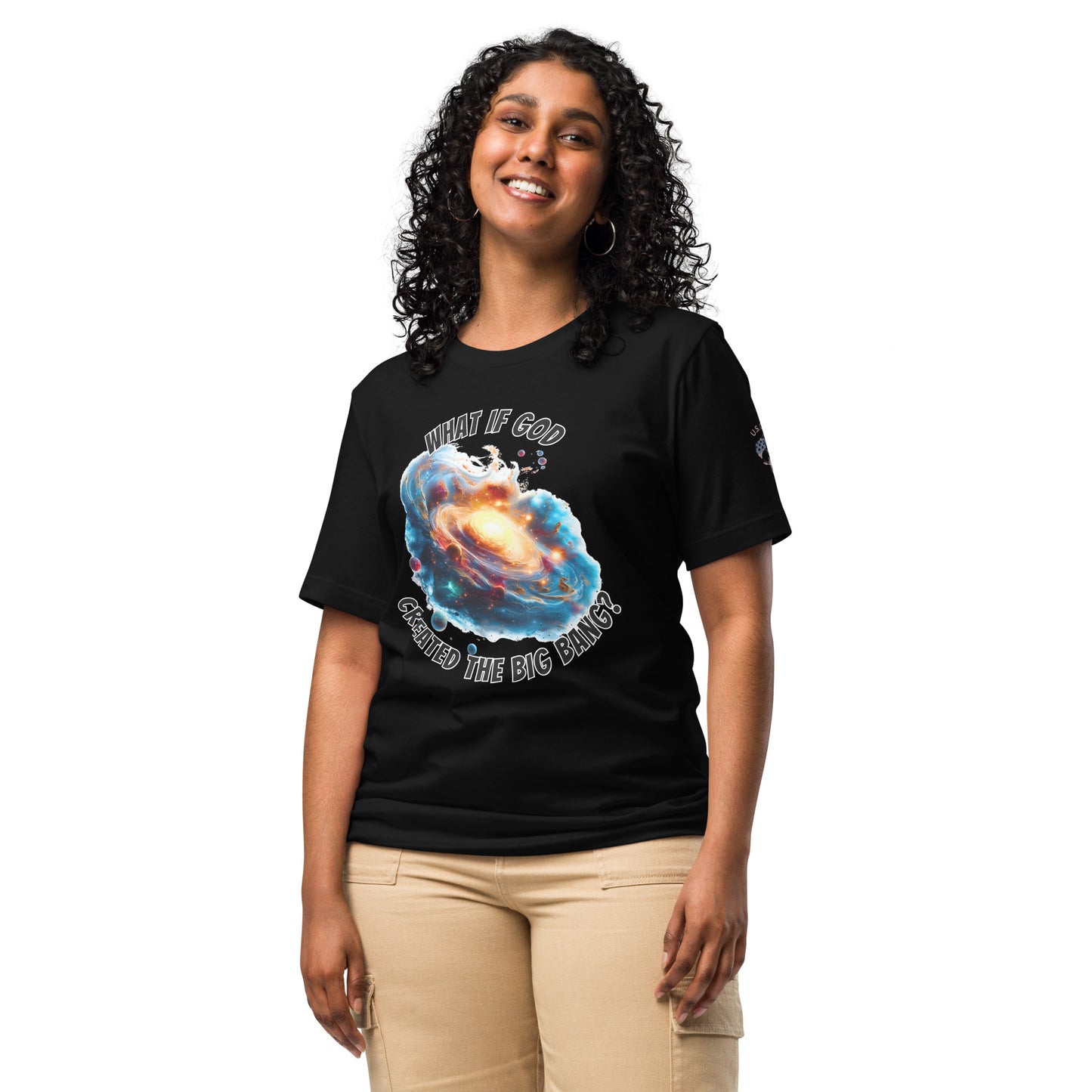 Product mockup. Woman in black T-shirt, large swirling universe/galaxy image, text: "What if God created the Big Bang?"